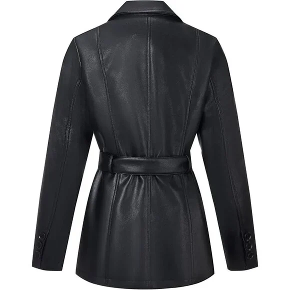 Women Black Leather Blazer Jacket Vegan leather Lapel Button Down Casual Coat - Picture 4 of 6